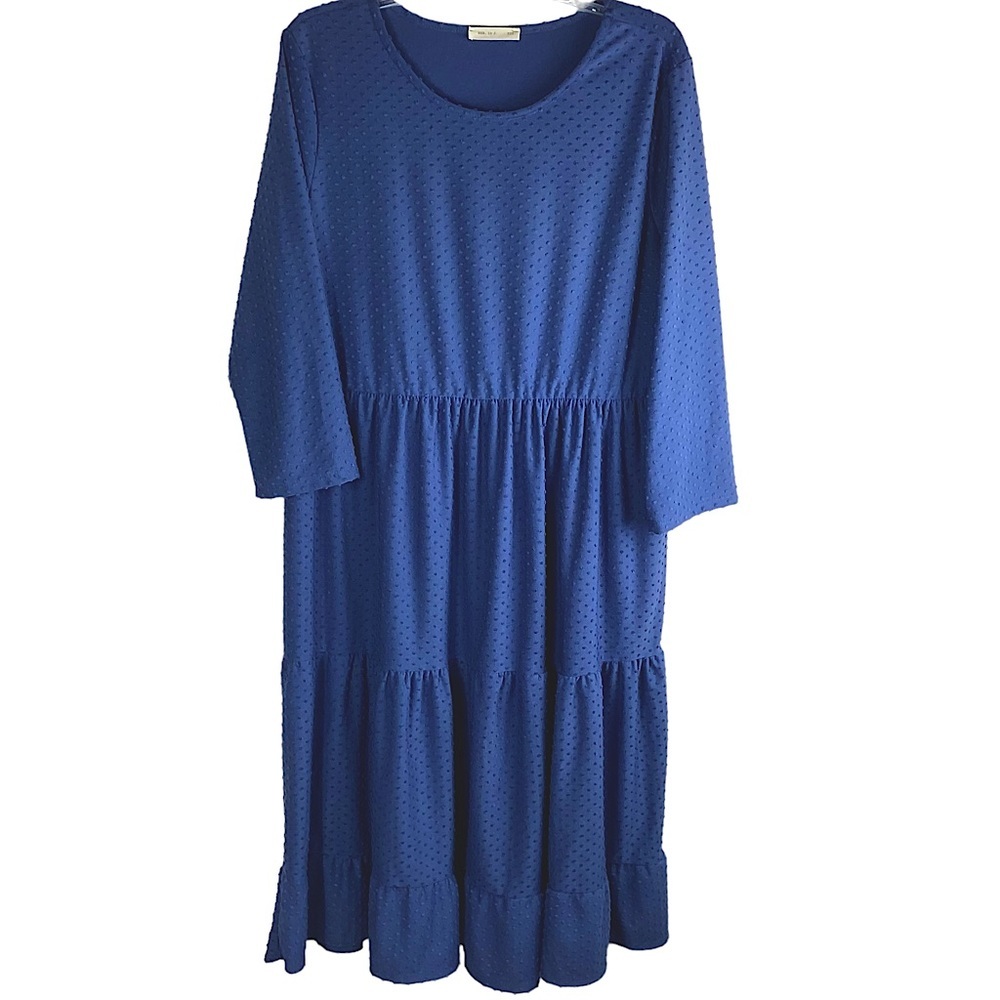 Reb in J Dress Slate Blue Swiss Dot Mid Length Tiered Skirt Long Sleeve Size L - Picture 13 of 14